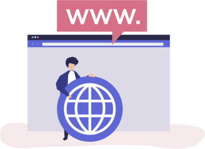 Mann hält einen Globus vor einem Computerbildschirm mit der Aufschrift 'WWW'.