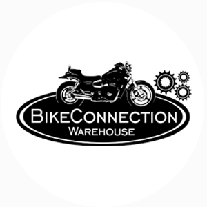 Logo von BikeConnection Warehouse mit einem stilisierten Motorrad und Zahnrädern.