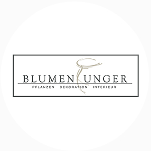 Logo von Blumen Unger mit dem Schriftzug 'Blumen Unger' und den Worten 'Pflanzen Dekoration Interieur'.