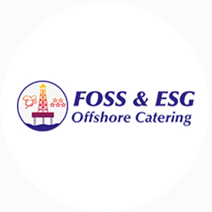 Logo von FOSS & ESG Offshore Catering mit einem Bohrturm und Wolken.
