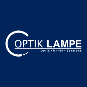 Logo von Optik Lampe mit dem Schriftzug und grafischen Elementen auf blauem Hintergrund.