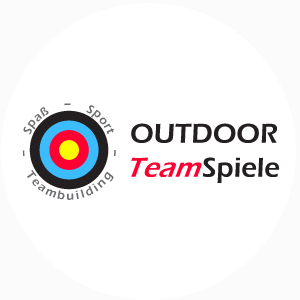 Logo mit dem Schriftzug Outdoor Teamspiele und einem bunten Zielscheiben-Design.