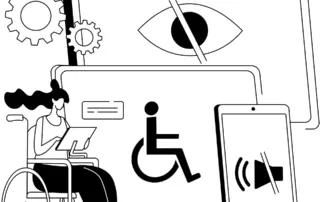 Illustration einer Person im Rollstuhl, die ein Tablet benutzt, umgeben von Symbolen für Barrierefreiheit.