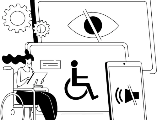 Illustration einer Person im Rollstuhl, die ein Tablet benutzt, umgeben von Symbolen für Barrierefreiheit.