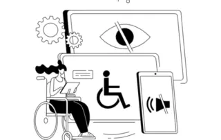 Illustration einer Person im Rollstuhl, die ein Tablet benutzt, um Barrierefreiheit darzustellen.