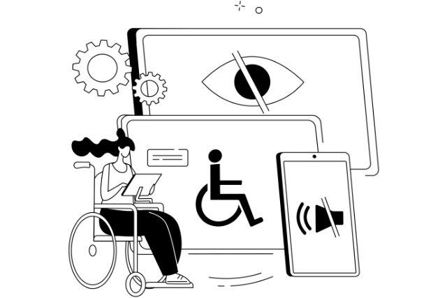 Illustration einer Person im Rollstuhl, die ein Tablet benutzt, um Barrierefreiheit darzustellen.