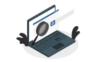 Grafik eines Laptops mit einer Lupe, die auf ein Suchfeld zeigt.