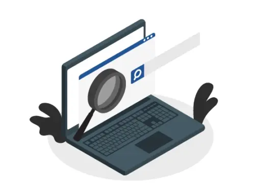 Grafik eines Laptops mit einer Lupe, die auf ein Suchfeld zeigt.
