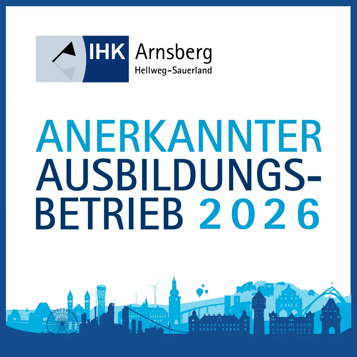 Logo der IHK Arnsberg mit dem Text 'Anerkannter Ausbildungsbetrieb 2026' in blauer Schrift auf weißem Hintergrund.