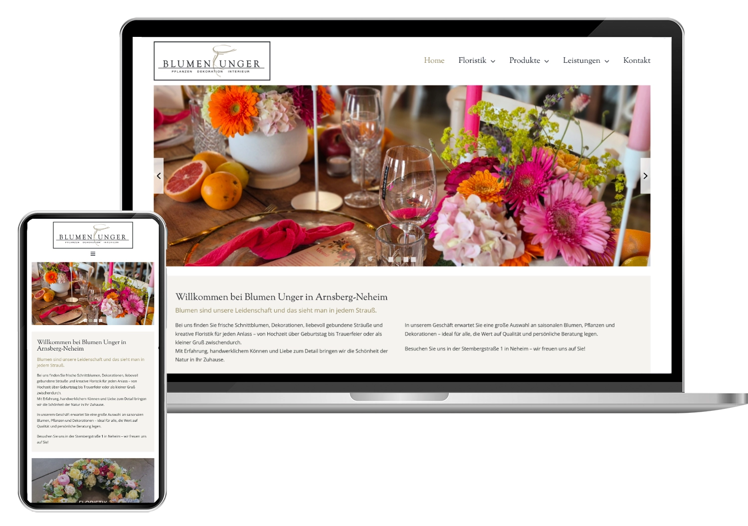 Website von Blumen Unger mit einer ansprechenden Darstellung von Blumenarrangements und festlicher Tischdekoration.