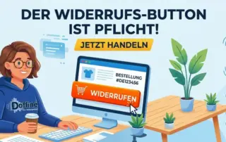 Eine lächelnde Frau im Doffiné-Pullover sitzt vor einem Bildschirm mit „WIDERRUFEN“, dazu steht „Der Widerrufs-Button ist Pflicht! Jetzt handeln“.